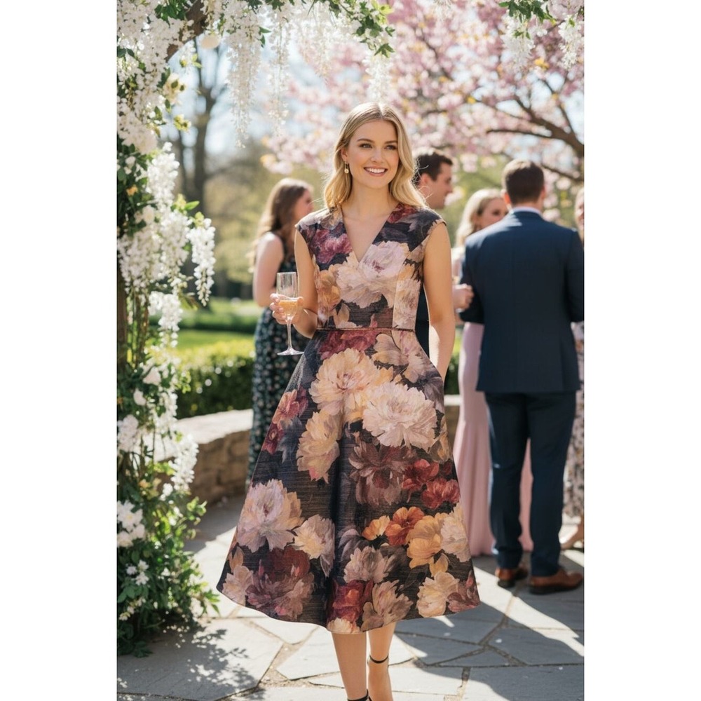 Aidan Mattox Dress 8 Pink Black Floral Metallic Brocade Wedding Guest Cocktail
